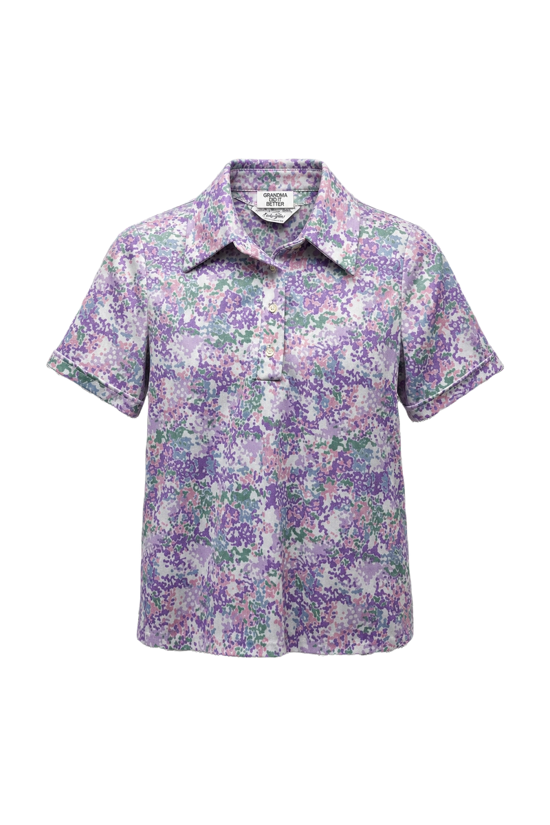 1970s Purple Floral Cotton Blend Blouse - Front View
