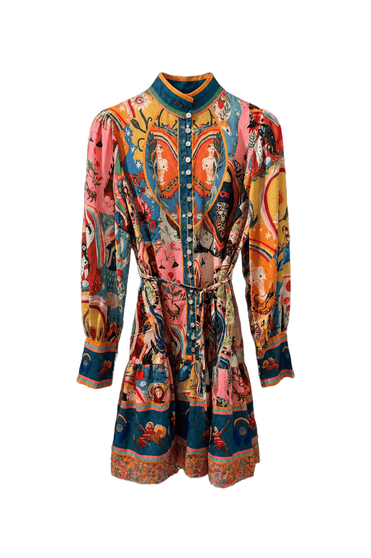 1970s Multicolor Silk Mini Dress - Front View