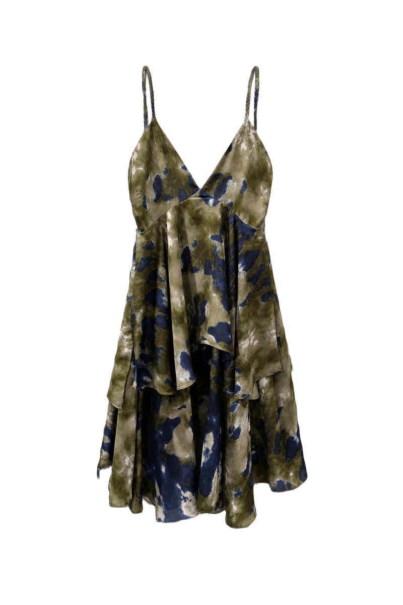 1990s Olive Green Silk Dress - Front View
