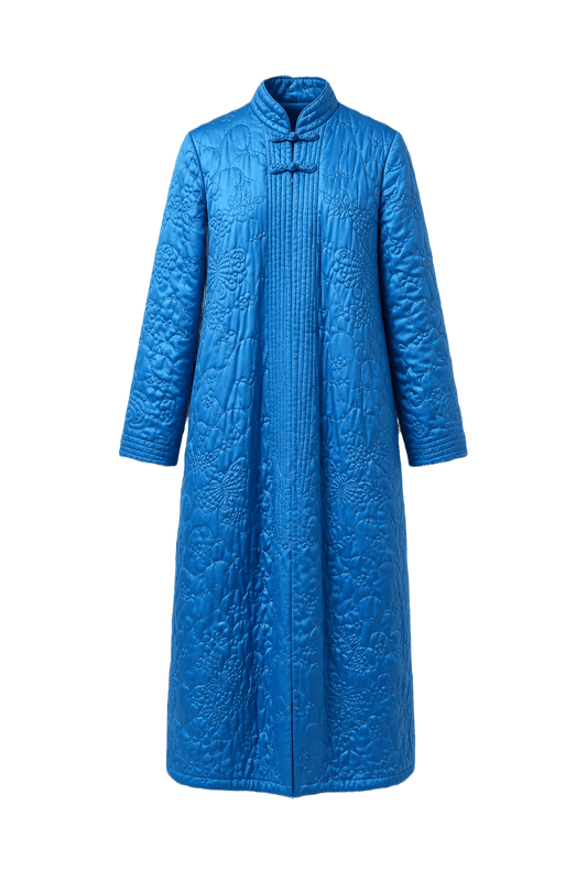 1970s Bright Blue Satin Coat - Front View