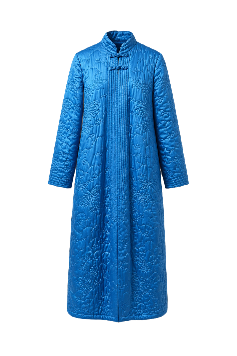 1970s Bright Blue Satin Coat - Front View