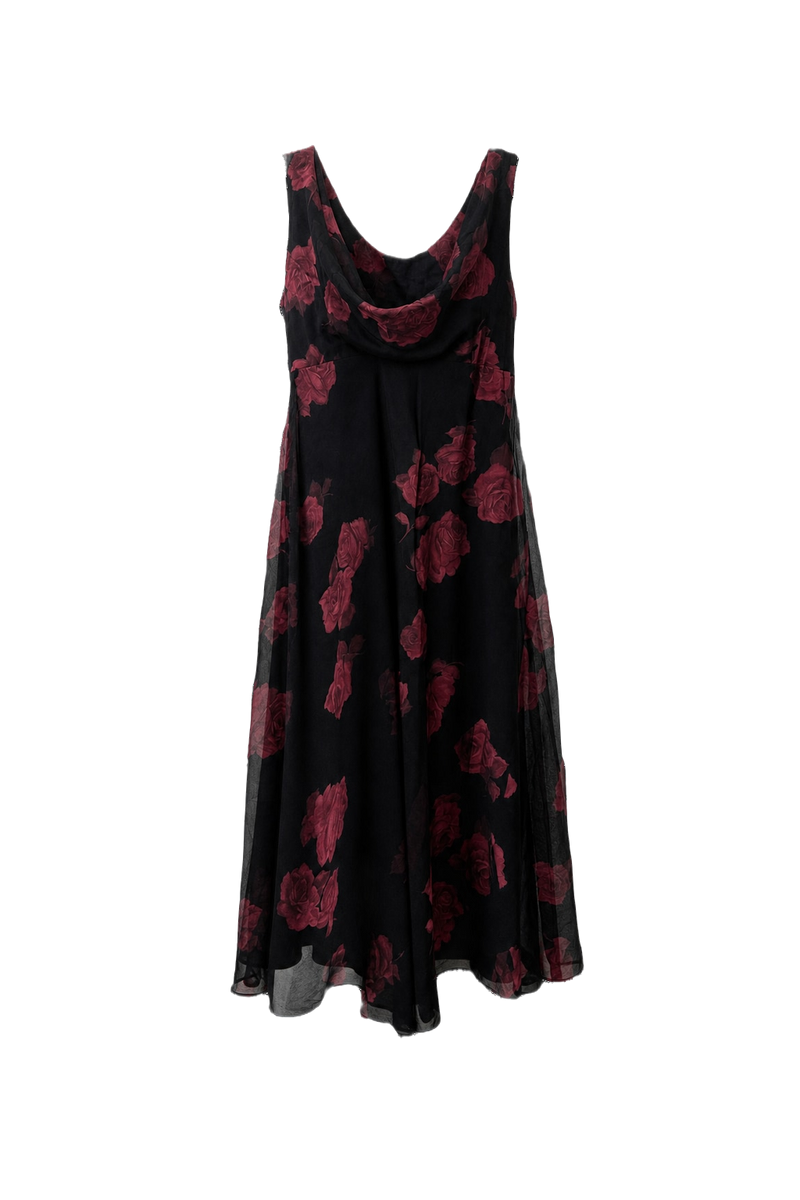 1990s Black Sheer Polyester Dress - Front View