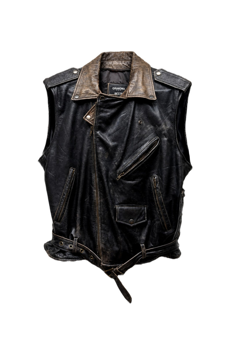 1980s Black Leather Fitted Leather Vest - Front View