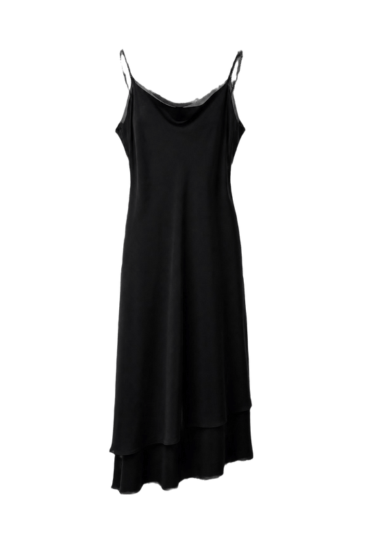 1990s Black Satin Midi Dress - Front View