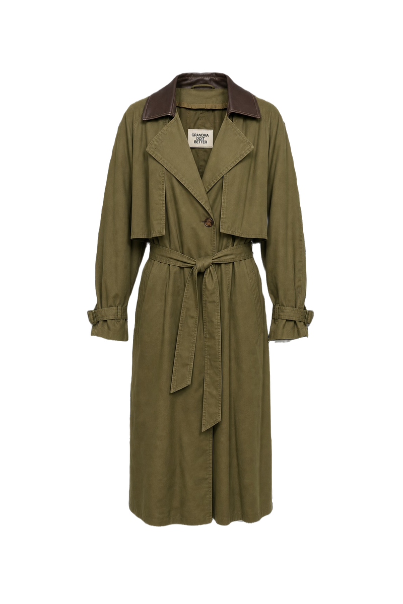 1980s Olive Green Cotton Blend Trench Coat - Front View