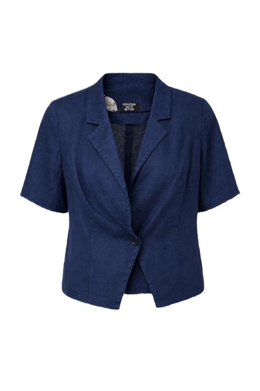 1980s Navy Blue Linen Blazer - Front View