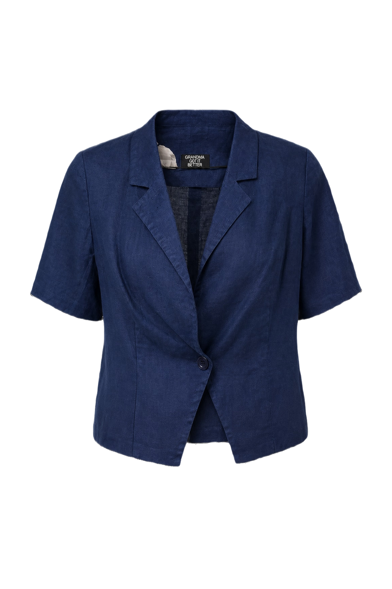 1980s Navy Blue Linen Blazer - Front View