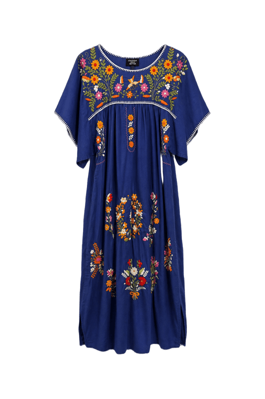 1970s Blue Cotton Maxi Dress - Front View