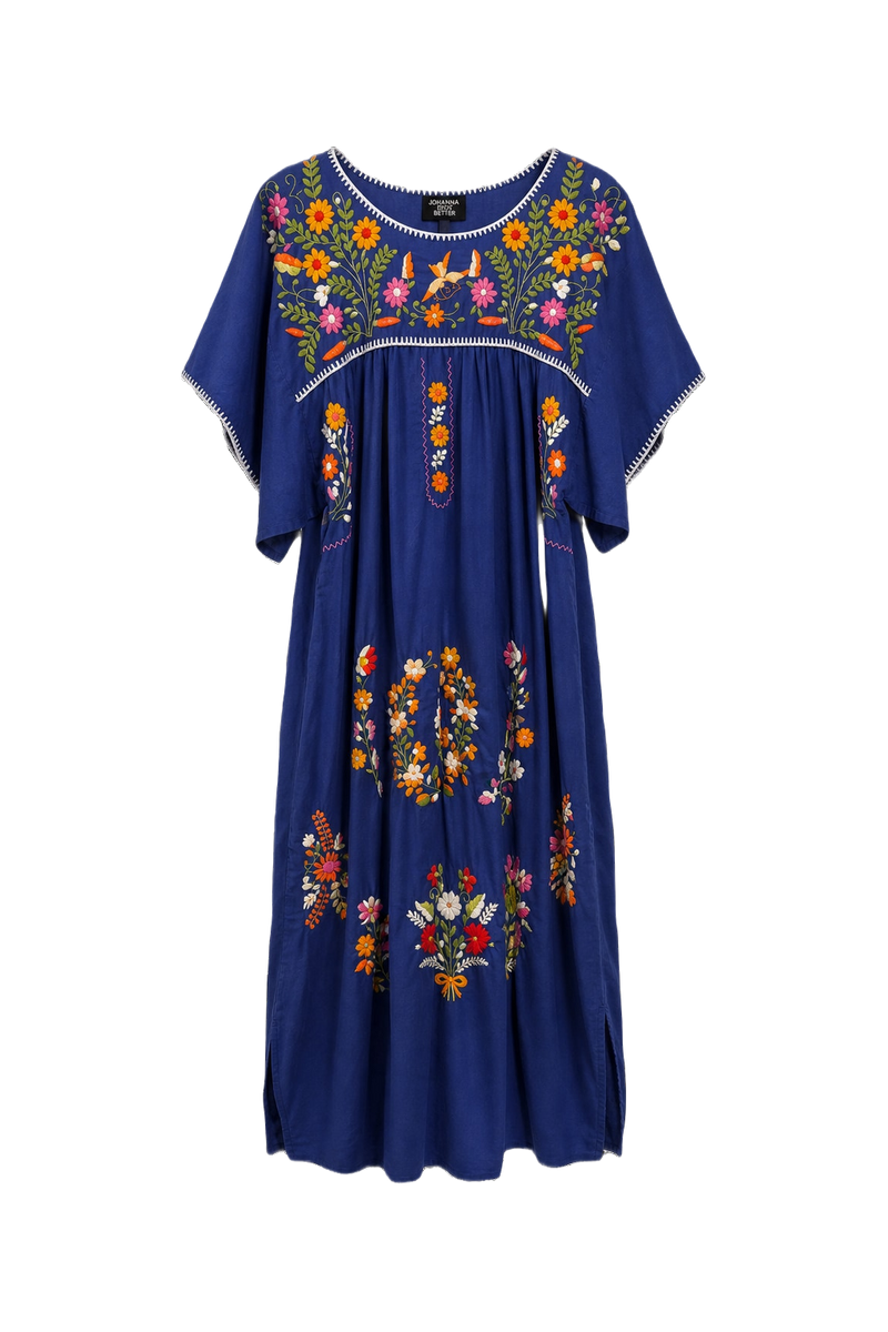 1970s Blue Cotton Maxi Dress - Front View
