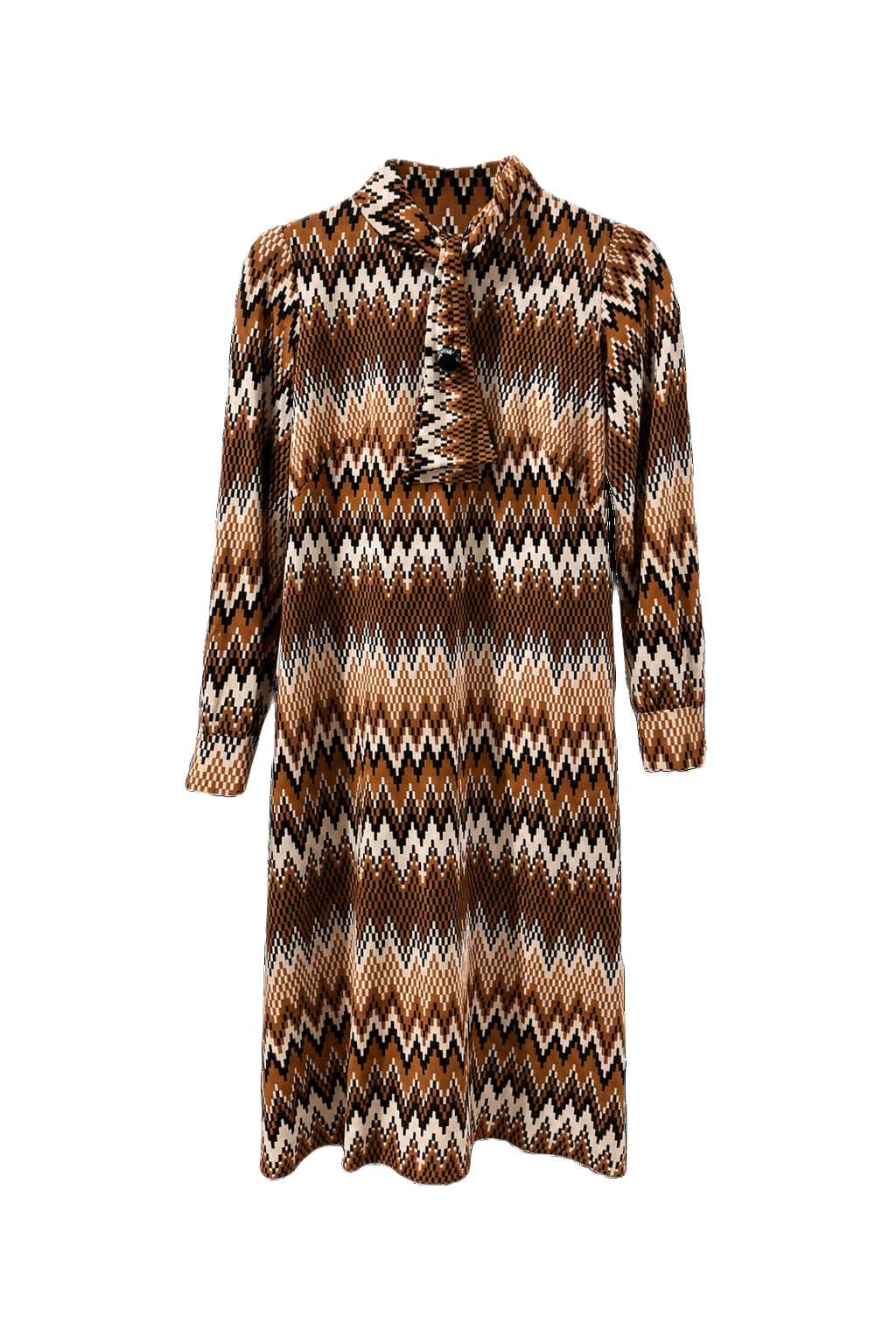 [1960s] Brown Cream Polyester Shift Dress - Front View