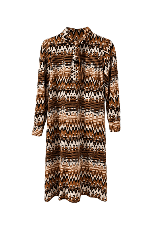 [1960s] Brown Cream Polyester Shift Dress - Front View