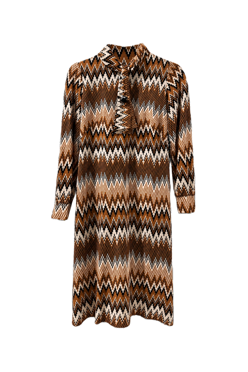 [1960s] Brown Cream Polyester Shift Dress - Front View