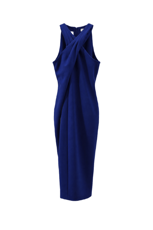 1990s Royal Blue Polyester Blend Midi Dress - Front View