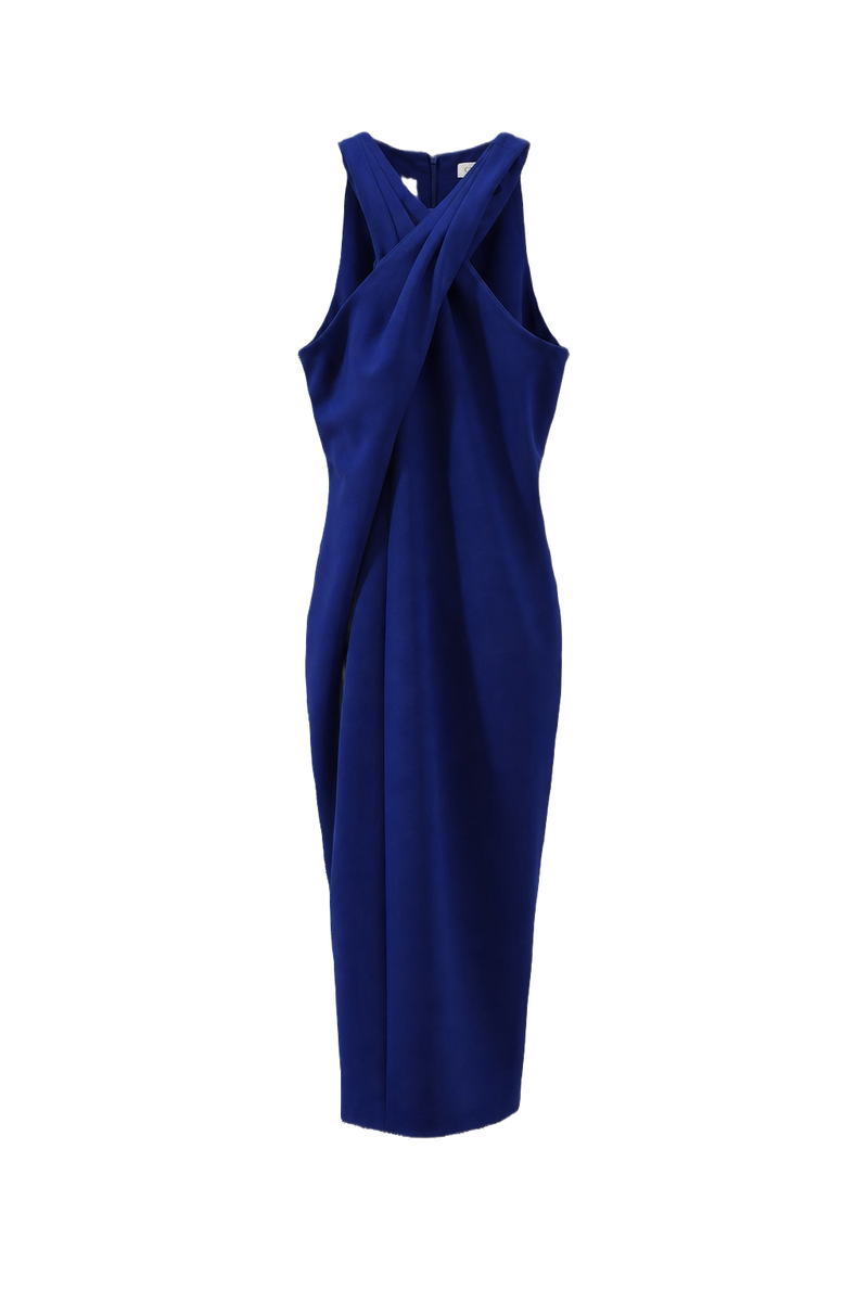 1990s Royal Blue Polyester Blend Midi Dress - Front View
