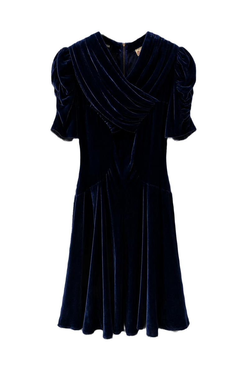1950s Navy Blue Velvet Dress - Front View