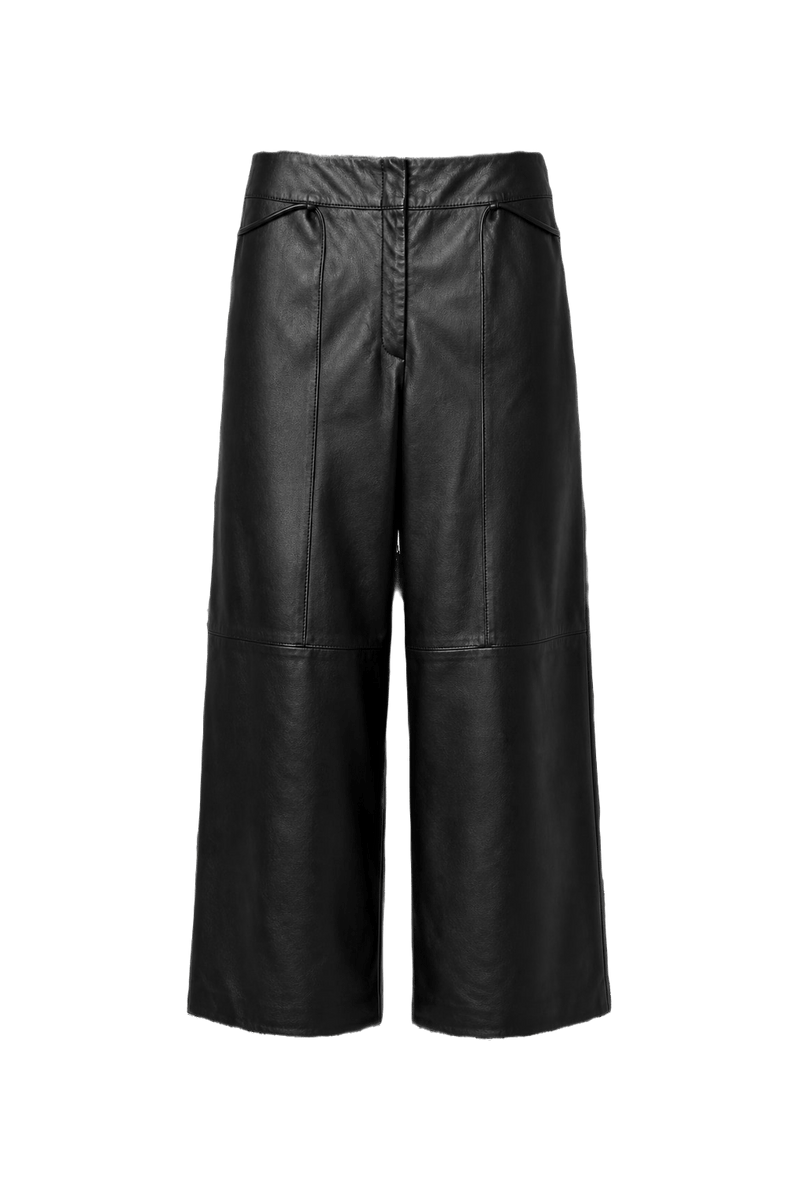 1990s Black Leather Wide-Leg Pants - Front View