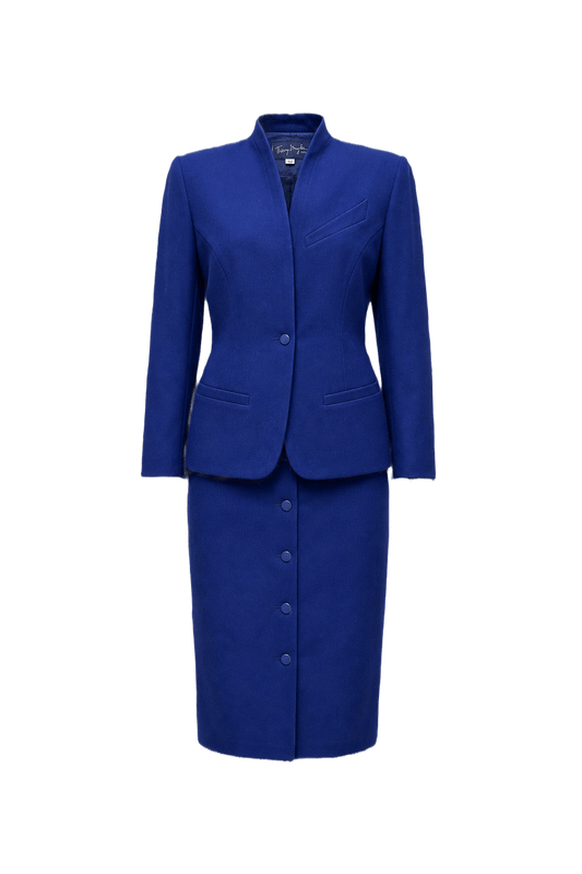 1980s Royal Blue Wool Blend Blazer and Skirt Set - Front View