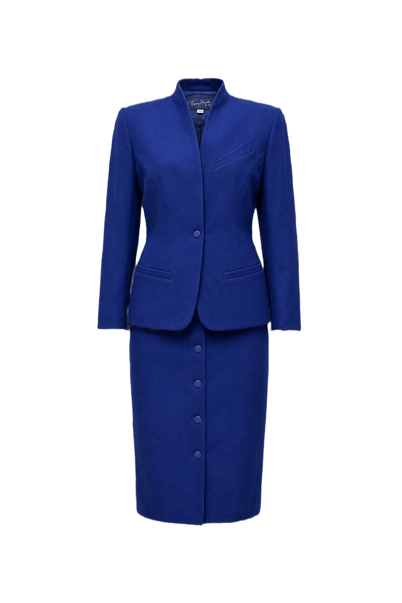 1980s Royal Blue Wool Blend Blazer and Skirt Set - Front View