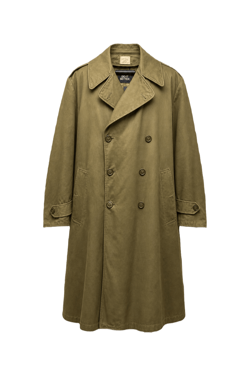 1940s Olive Green Cotton Trench Coat - Front View