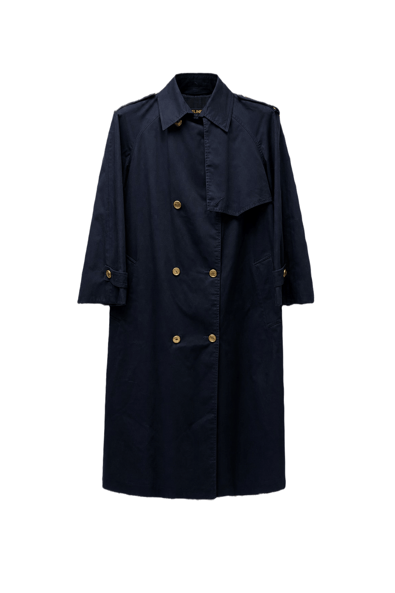 1980s Navy Blue Cotton Blend Trench Coat - Front View
