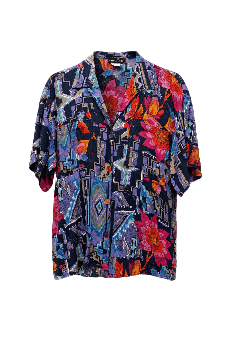 1990s Navy Blue Rayon Blouse - Front View
