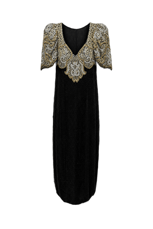 1980s Black Polyester Midi Dress - Front View