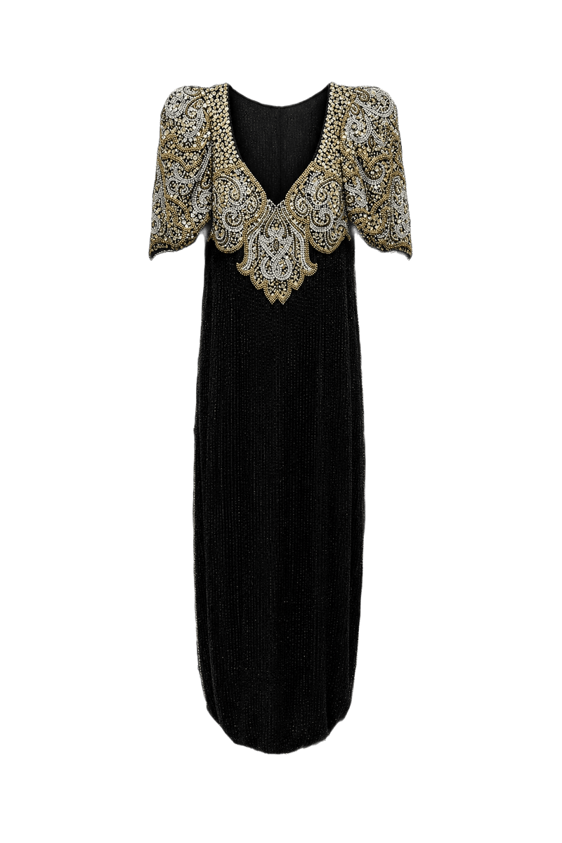 1980s Black Polyester Midi Dress - Front View