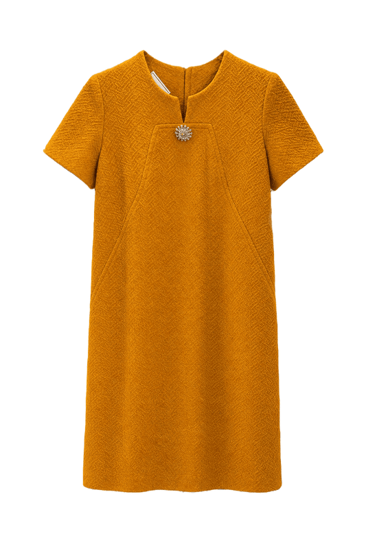 1960s Mustard Yellow Wool Blend Shift Dress - Front View