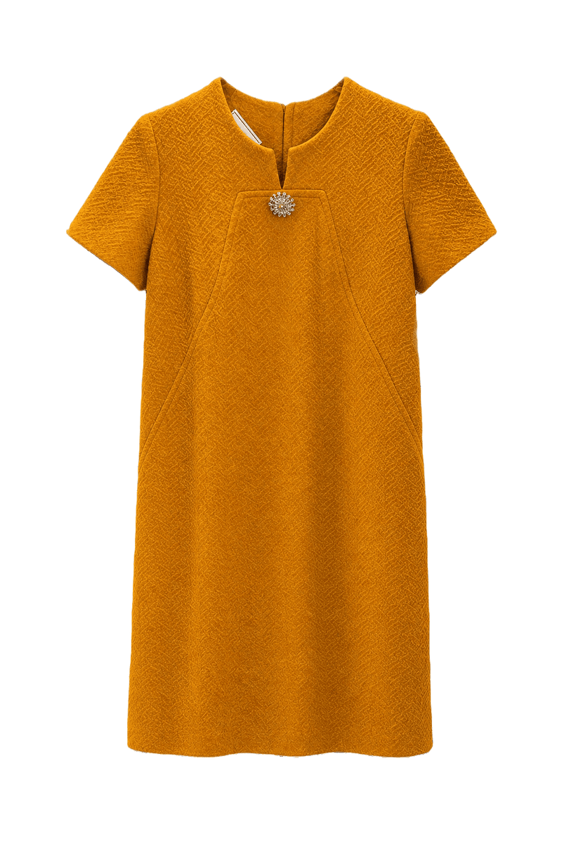 1960s Mustard Yellow Wool Blend Shift Dress - Front View