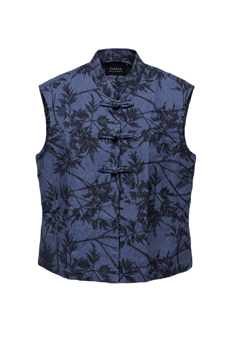 1990s Blue Linen Silk Blend Vest - Front View
