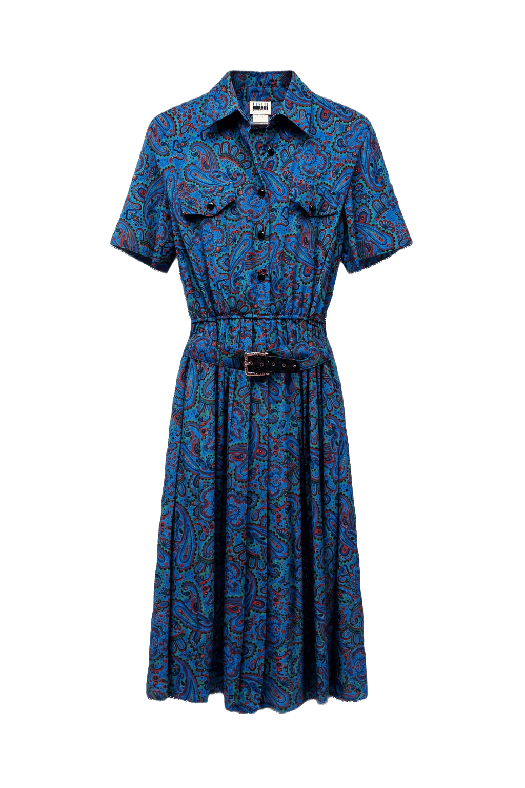 1980s Blue Paisley Print Dress - Front View