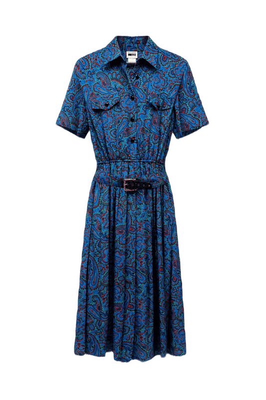 1980s Blue Paisley Print Dress - Front View