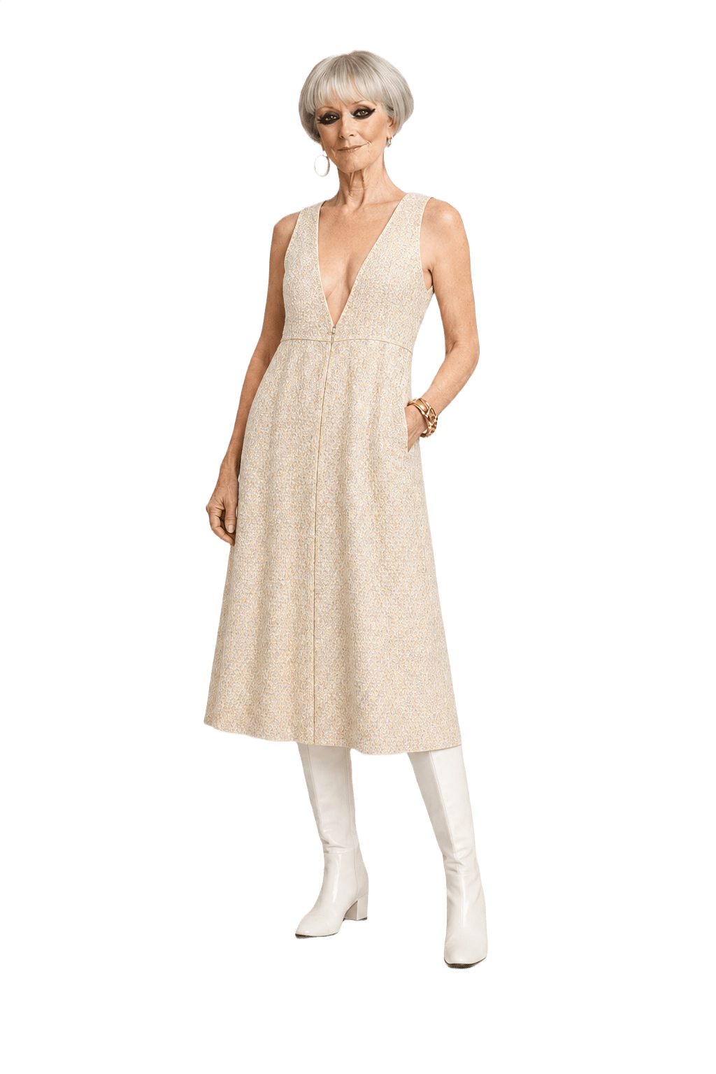 1960s Cream Tweed Midi Dress - Model