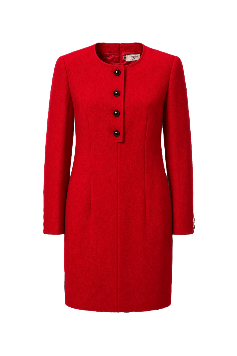 1980s Bright Red Wool Blend Dress - Front View