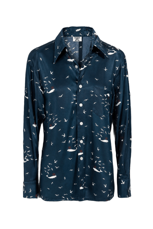 1970s Teal Silk Blouse - Front View