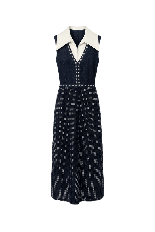 1960s Navy Blue Polyester Blend Dress - Front View