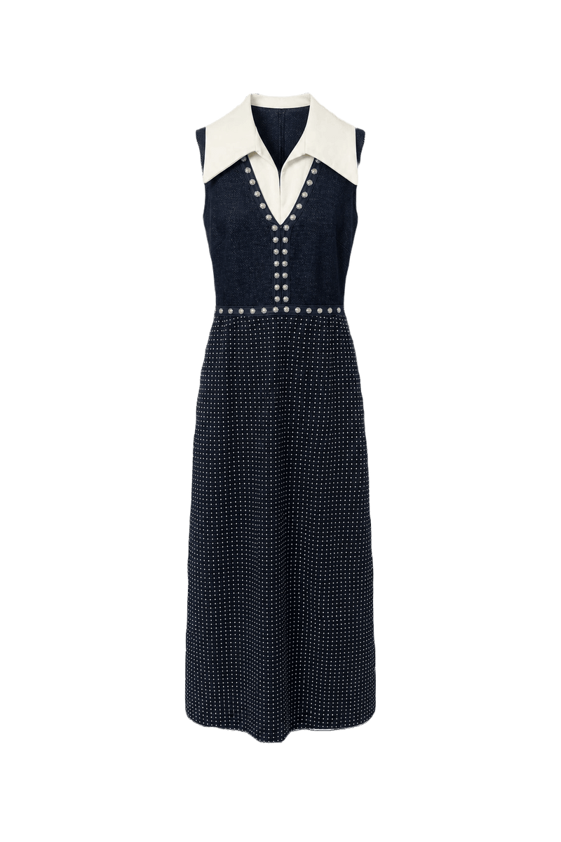 1960s Navy Blue Polyester Blend Dress - Front View