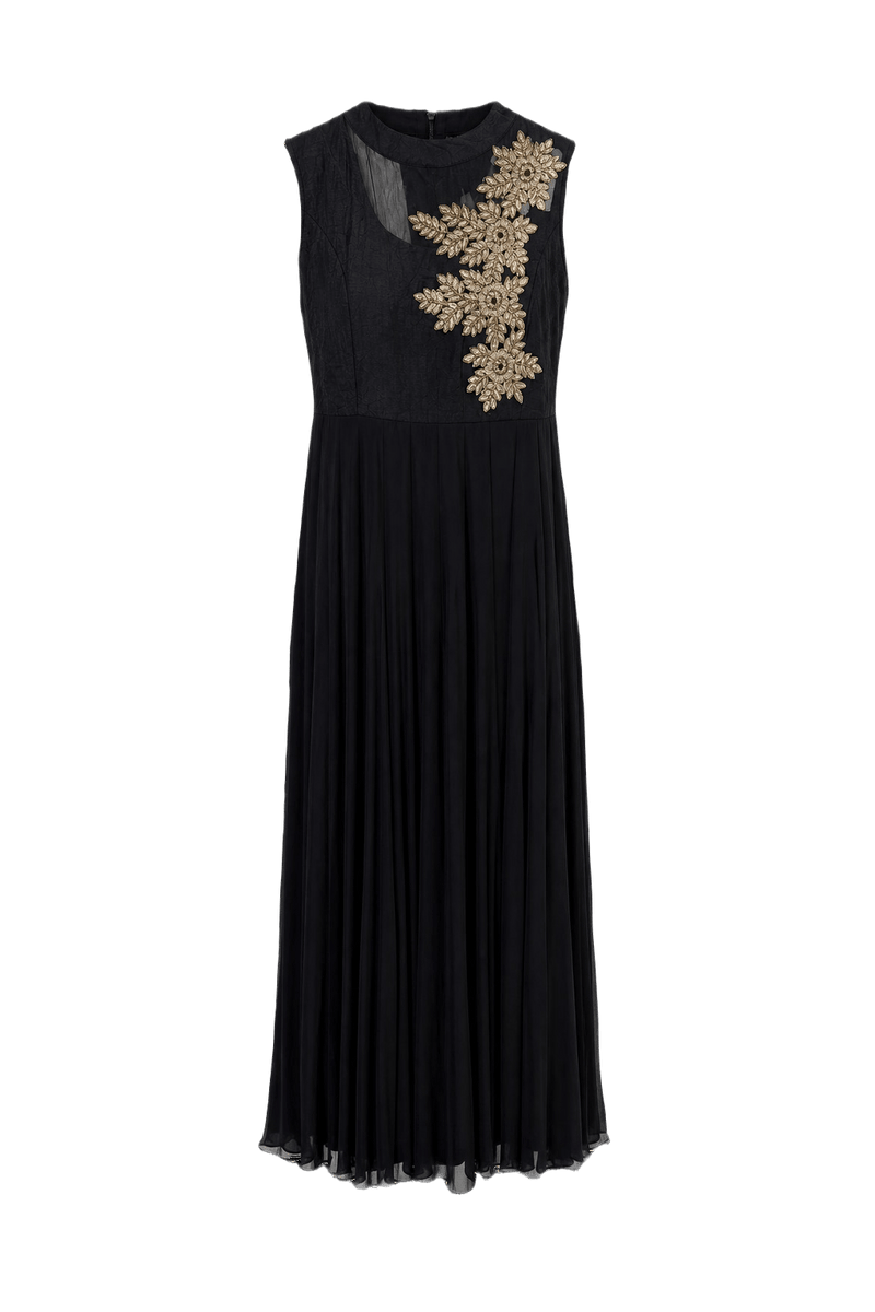 1970s Black Polyester Blend Maxi Dress - Front View