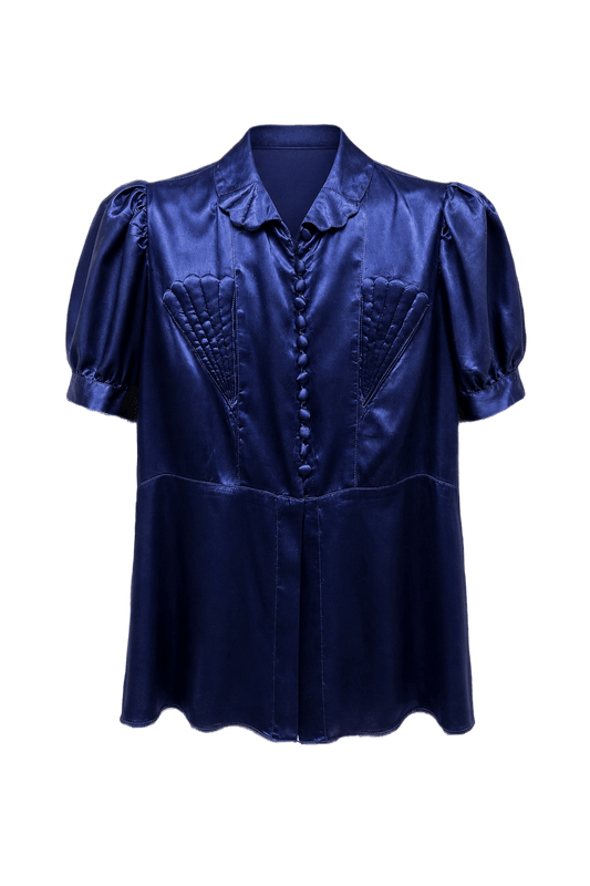 1940s Sapphire Blue Silk Blouse - Front View