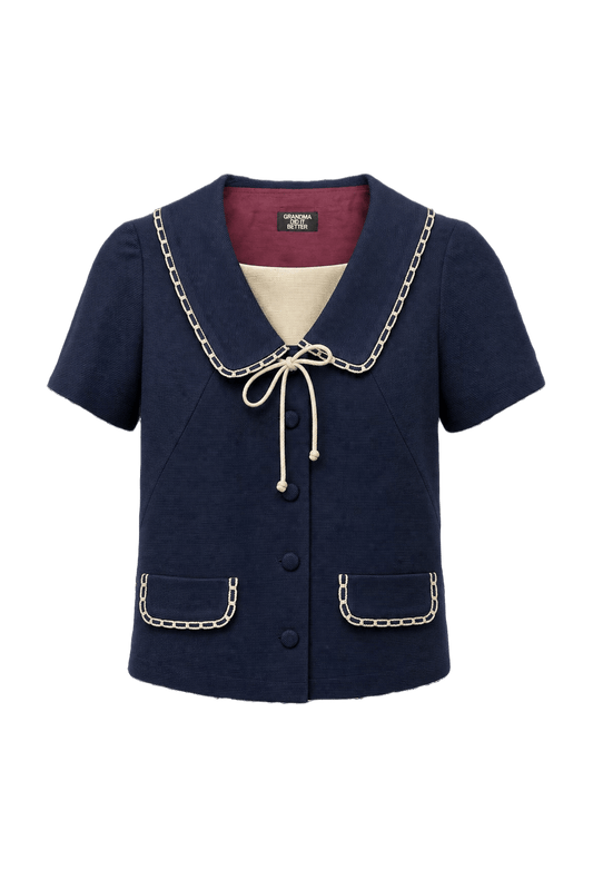 1970s Navy Blue Knit Blouse - Front View