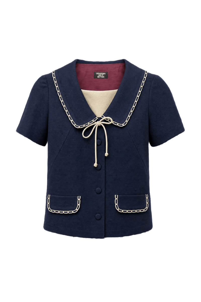 1970s Navy Blue Knit Blouse - Front View