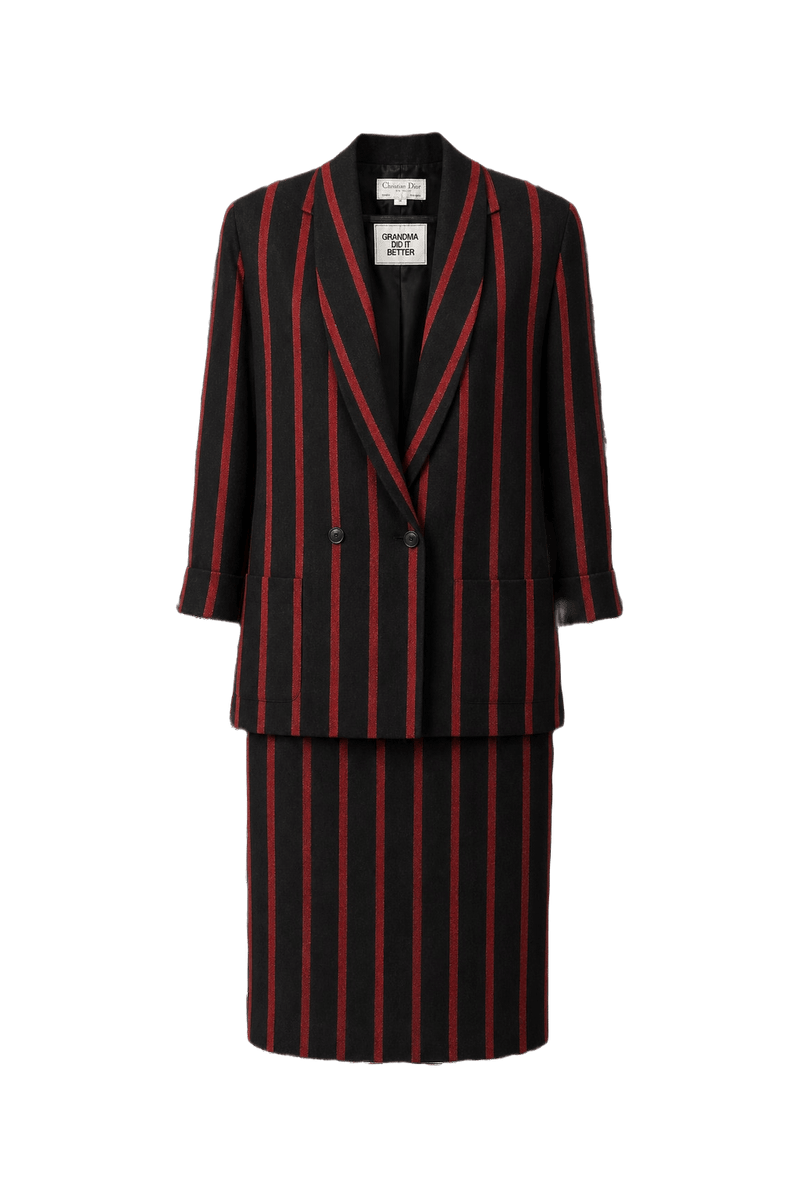 1980s Black & Red Wool 2-Piece Skirt Suit - Front View