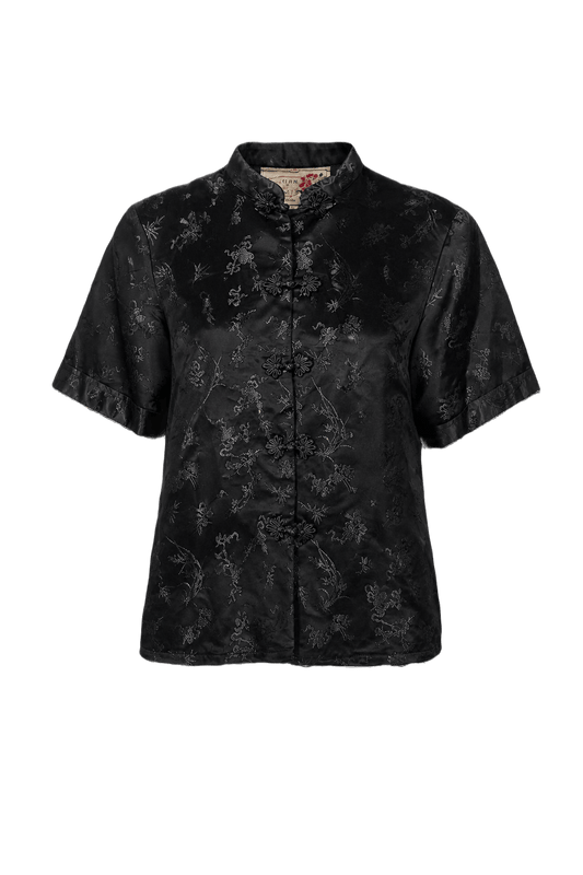 1970s Black Satin Blouse - Front View