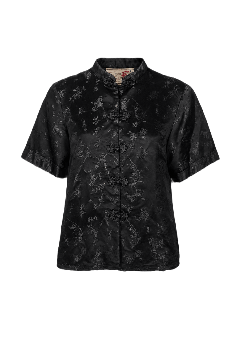 1970s Black Satin Blouse - Front View