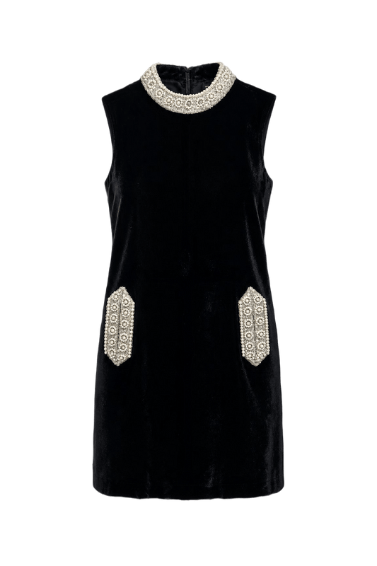 1960s Black Velvet Mini Dress - Front View