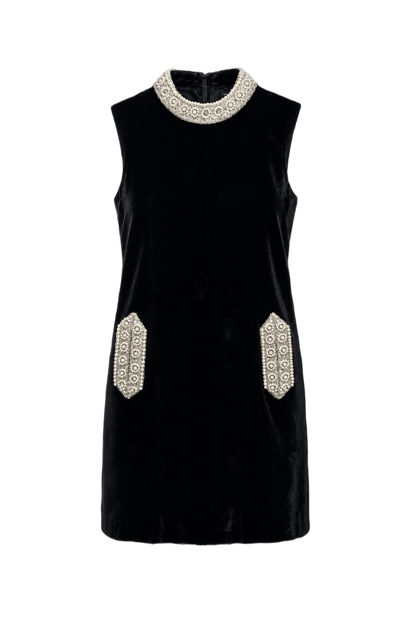 1960s Black Velvet Mini Dress - Front View