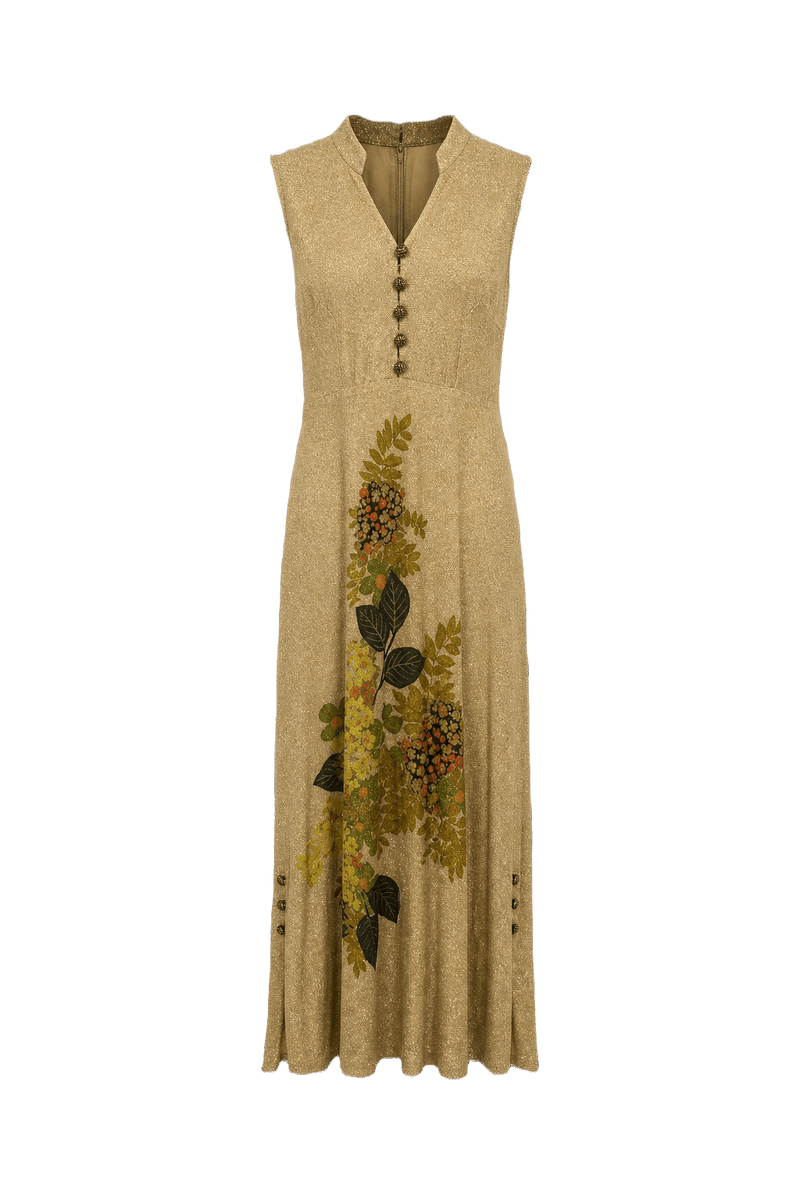 1970s Gold Metallic Fabric Maxi Dress - Front View