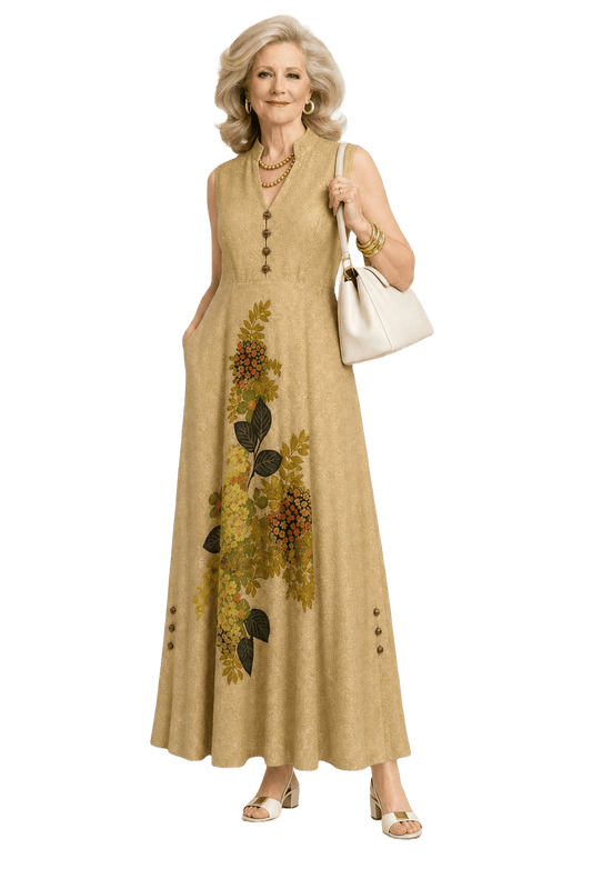 1970s Gold Metallic Fabric Maxi Dress - Model