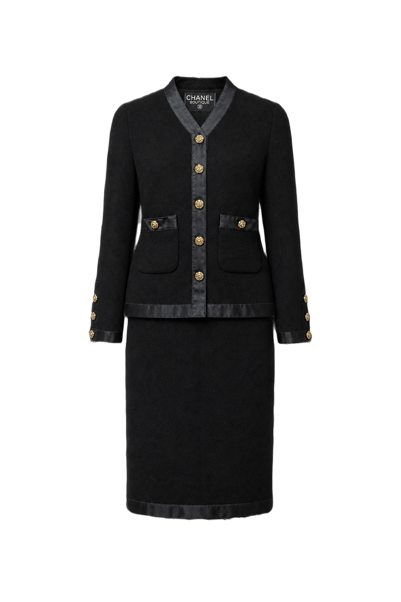 1980s Black Wool Skirt Suit - Front View
