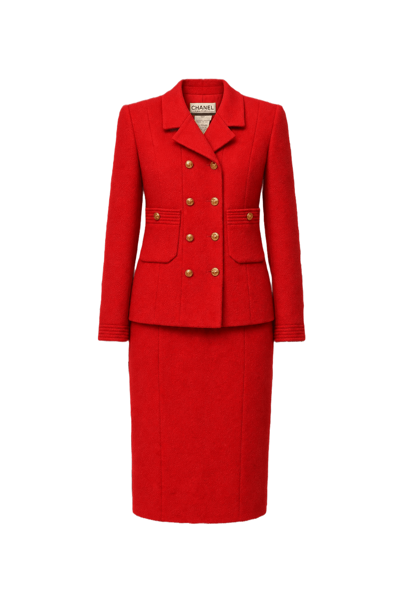 1980s Red Wool Skirt Suit - Front View